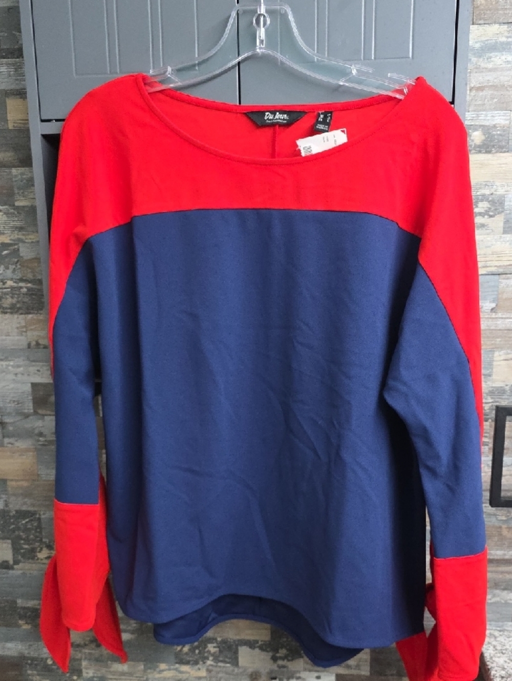 Du Jour Red and Navy Colorblock Long Sleeve Top